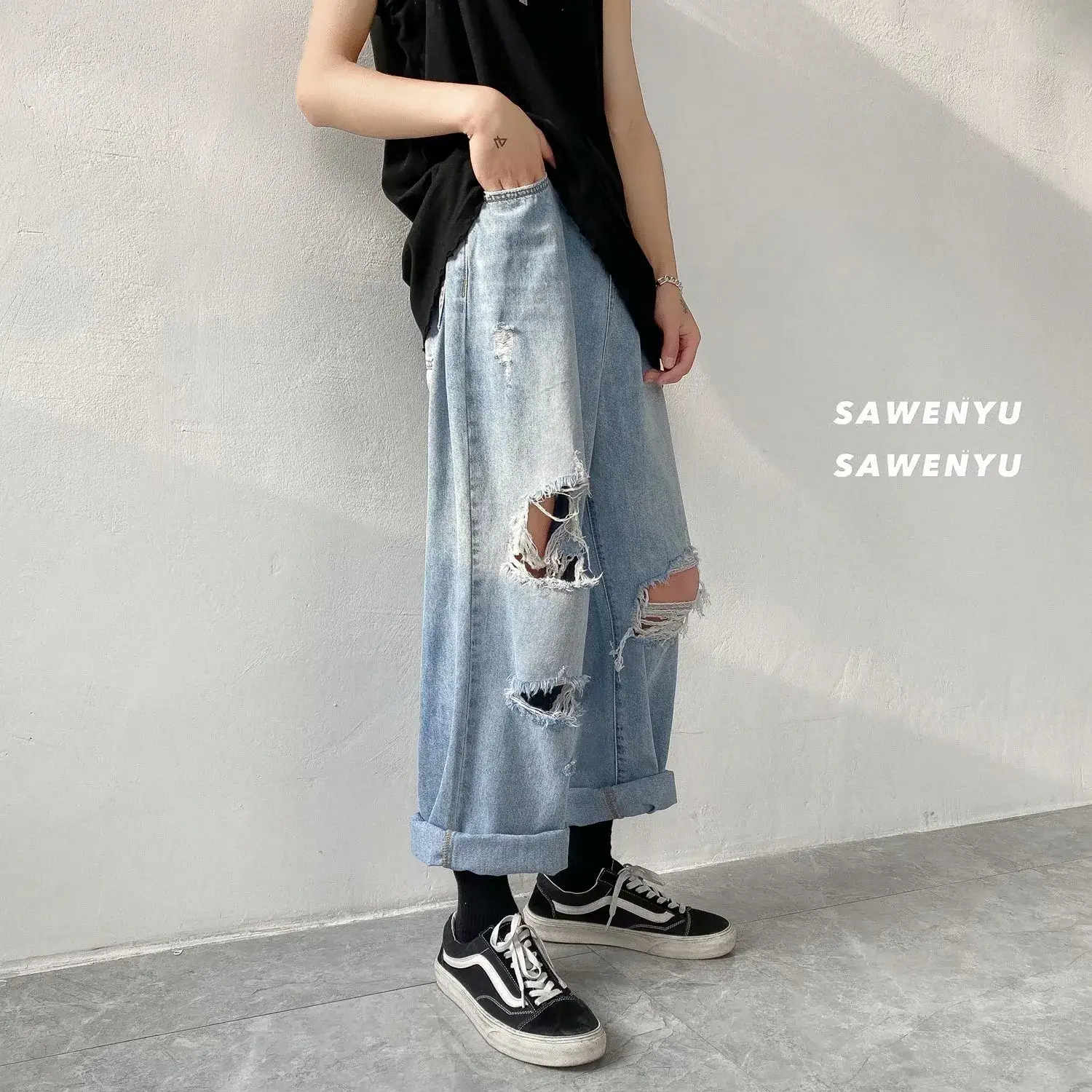 Ripped Washed Jeans Boys Summer Loose Wide Leg Straight Pants - Image 4