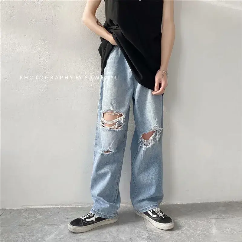 Ripped Washed Jeans Boys Summer Loose Wide Leg Straight Pants - Image 5