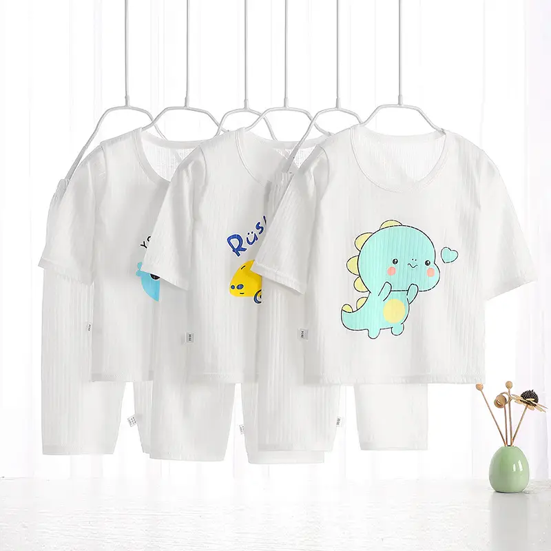 Dropshipping Kidsren's Short-Sleeved Pure Cotton Home Clothes Three-Quarter Sleeve Air-Conditioned Clothes 1-6 Years Old Boys' Cropped Pants for Baby Girls