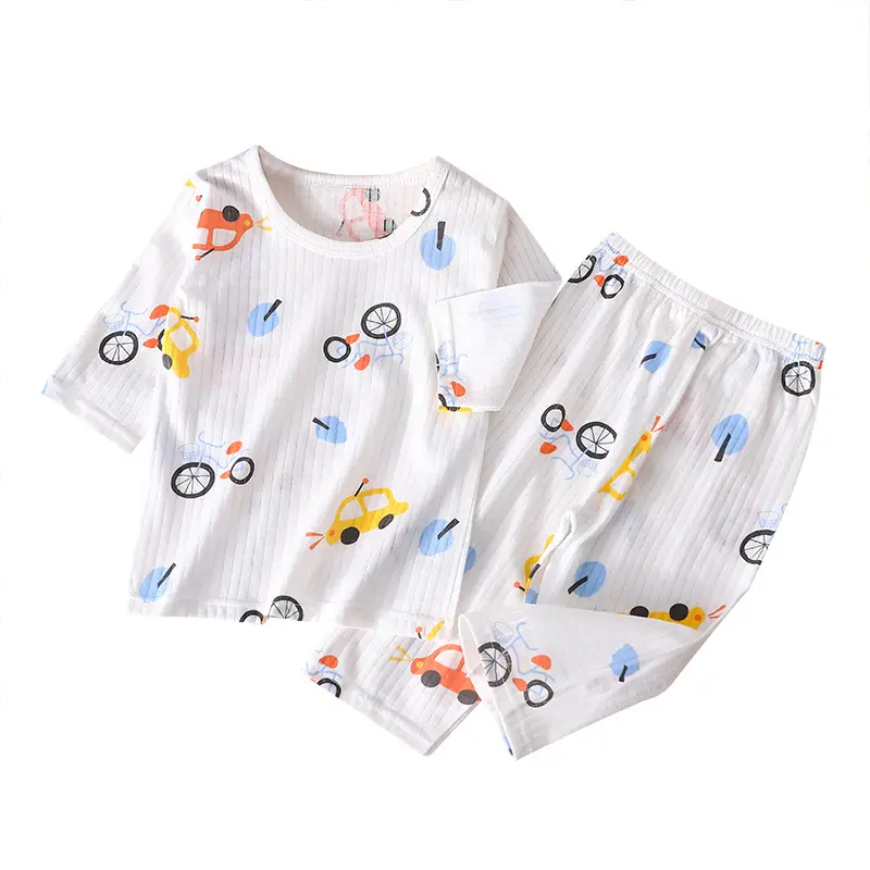 Dropshipping Kidsren's Short-Sleeved Pure Cotton Home Clothes Three-Quarter Sleeve Air-Conditioned Clothes 1-6 Years Old Boys' Cropped Pants for Baby Girls
