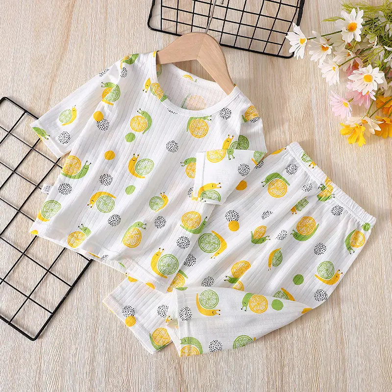 Dropshipping Kidsren's Short-Sleeved Pure Cotton Home Clothes Three-Quarter Sleeve Air-Conditioned Clothes 1-6 Years Old Boys' Cropped Pants for Baby Girls