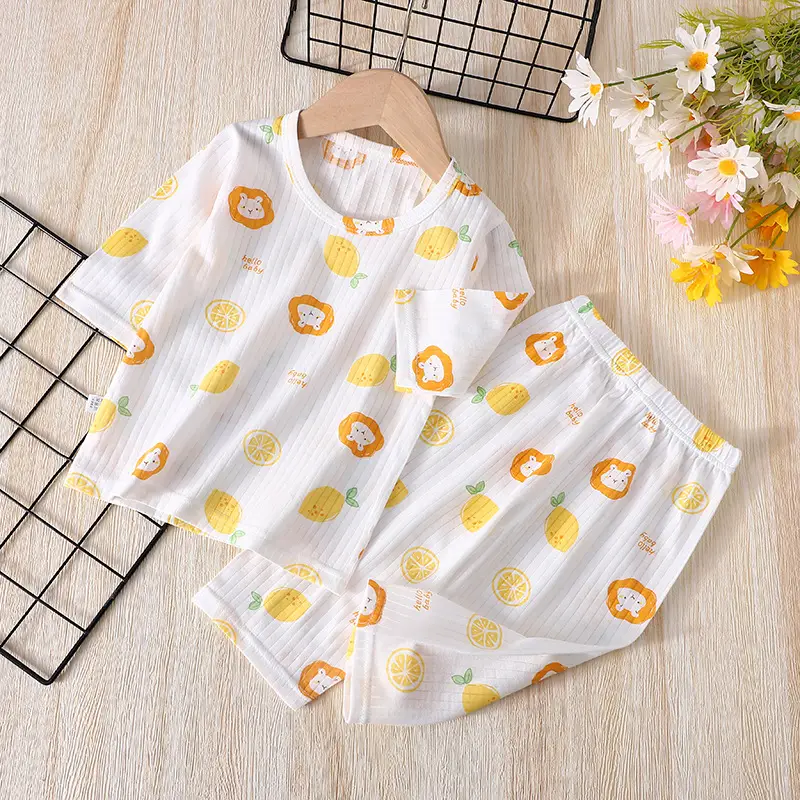 Dropshipping Kidsren's Short-Sleeved Pure Cotton Home Clothes Three-Quarter Sleeve Air-Conditioned Clothes 1-6 Years Old Boys' Cropped Pants for Baby Girls
