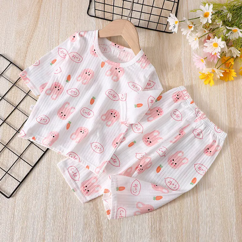 Dropshipping Kidsren's Short-Sleeved Pure Cotton Home Clothes Three-Quarter Sleeve Air-Conditioned Clothes 1-6 Years Old Boys' Cropped Pants for Baby Girls