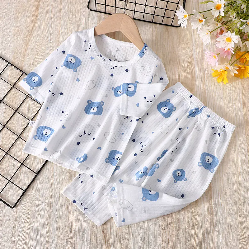 Dropshipping Kidsren's Short-Sleeved Pure Cotton Home Clothes Three-Quarter Sleeve Air-Conditioned Clothes 1-6 Years Old Boys' Cropped Pants for Baby Girls