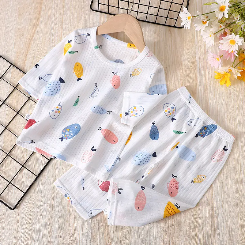 Dropshipping Kidsren's Short-Sleeved Pure Cotton Home Clothes Three-Quarter Sleeve Air-Conditioned Clothes 1-6 Years Old Boys' Cropped Pants for Baby Girls