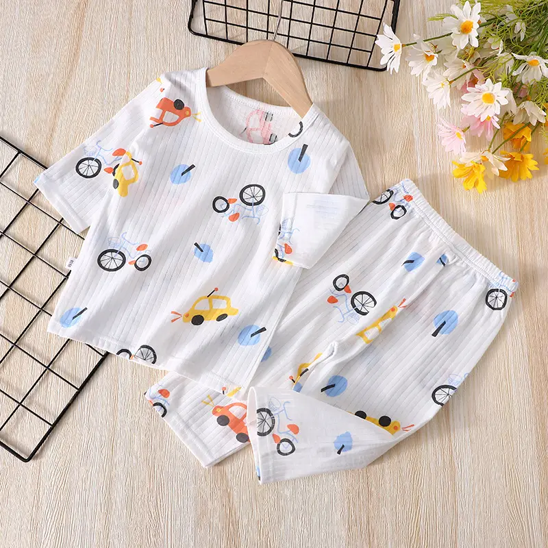 Dropshipping Kidsren's Short-Sleeved Pure Cotton Home Clothes Three-Quarter Sleeve Air-Conditioned Clothes 1-6 Years Old Boys' Cropped Pants for Baby Girls