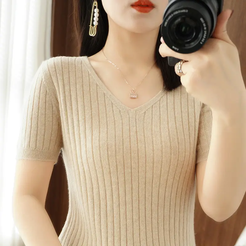 Women Knitted V-Neck T-Shirt Purple Slim Fit