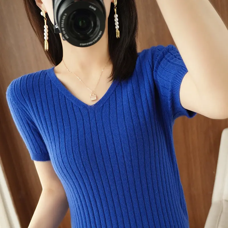 Women Knitted V-Neck T-Shirt Purple Slim Fit