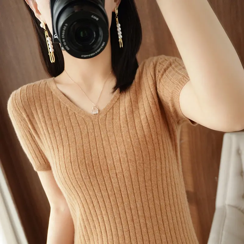 Women Knitted V-Neck T-Shirt Purple Slim Fit