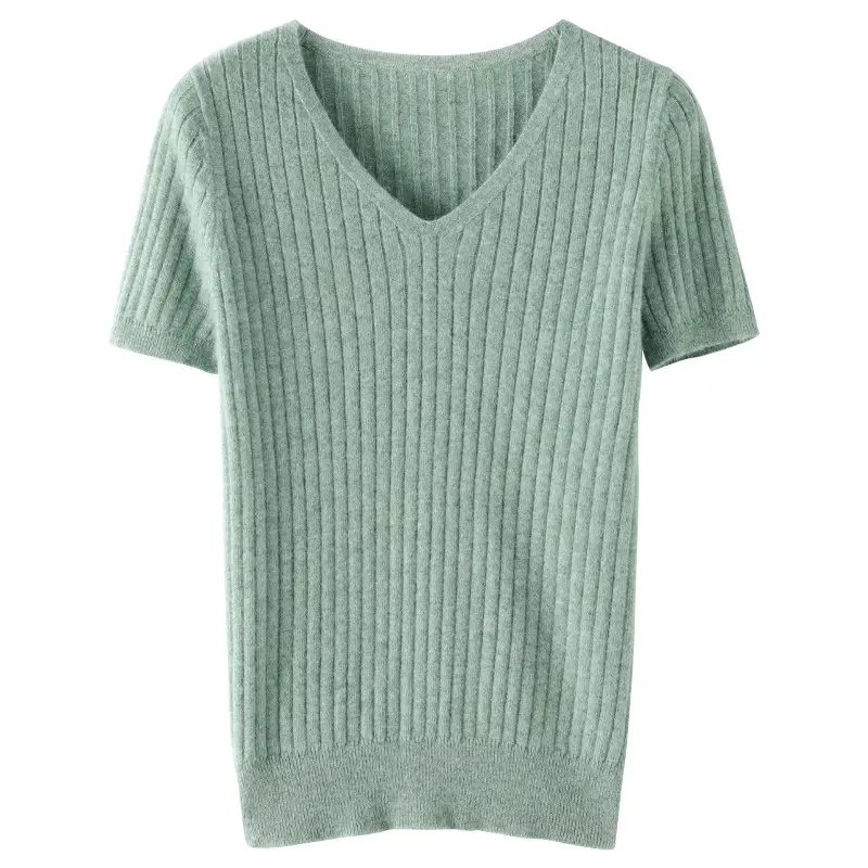 Women Knitted V-Neck T-Shirt Purple Slim Fit