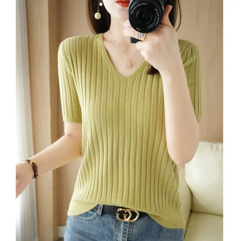 Women Knitted V-Neck T-Shirt Purple Slim Fit