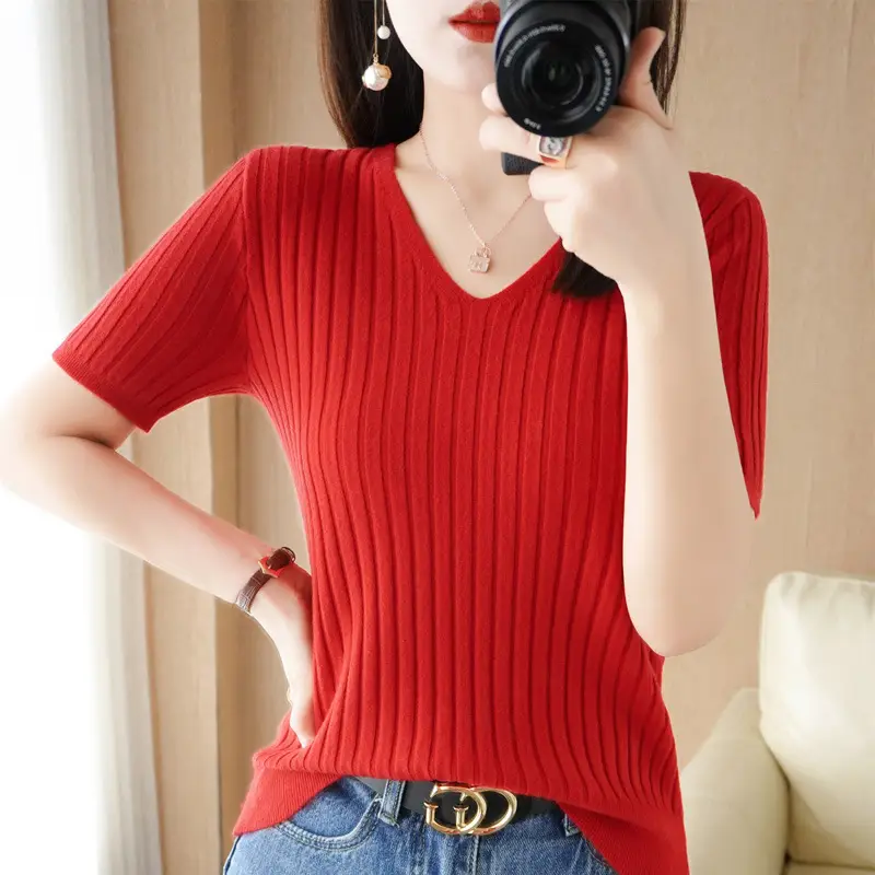 Women Knitted V-Neck T-Shirt Purple Slim Fit