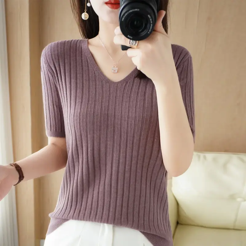 Women Knitted V-Neck T-Shirt Purple Slim Fit