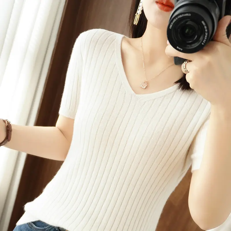 Women Knitted V-Neck T-Shirt Purple Slim Fit