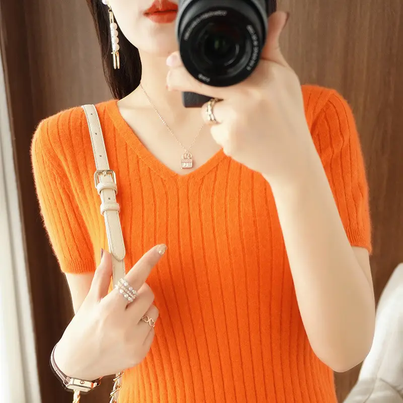 Women Knitted V-Neck T-Shirt Purple Slim Fit