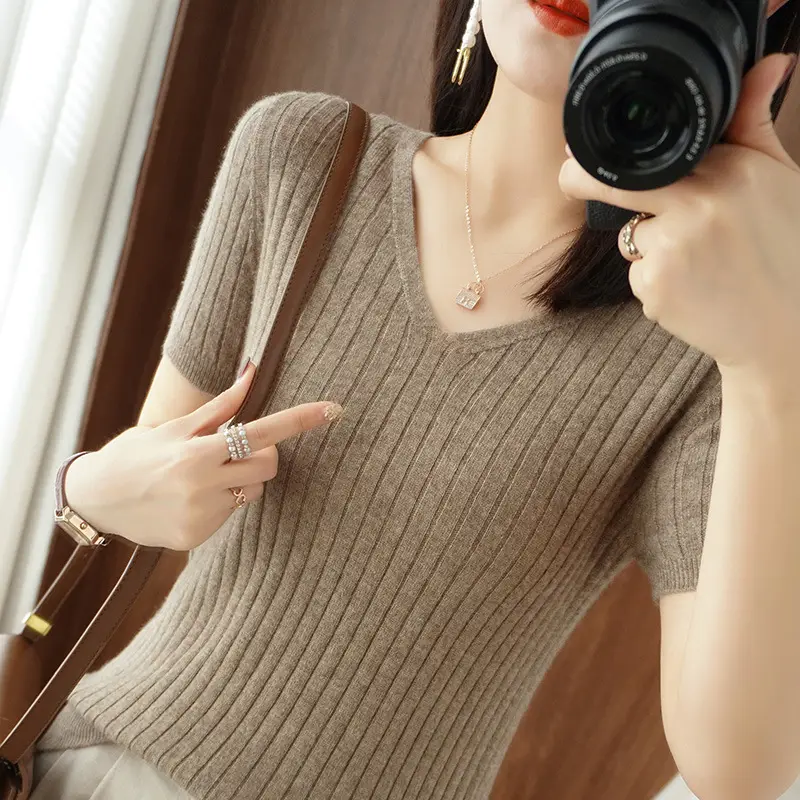 Women Knitted V-Neck T-Shirt Purple Slim Fit