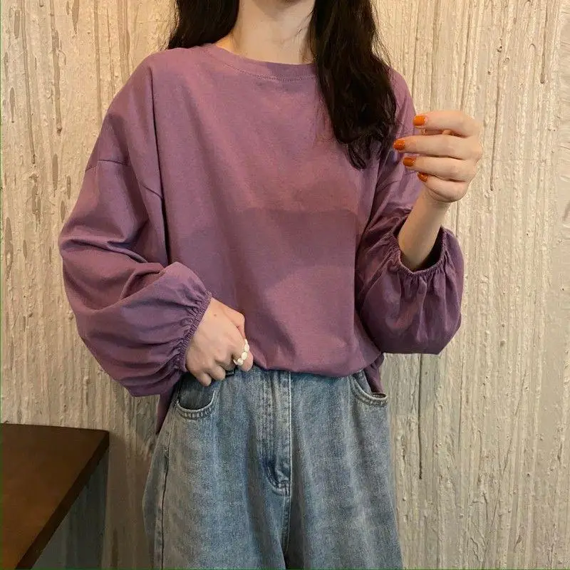 Women Loose Sleeve T-Shirt Coral Lantern Sleeve College Style - Image 2