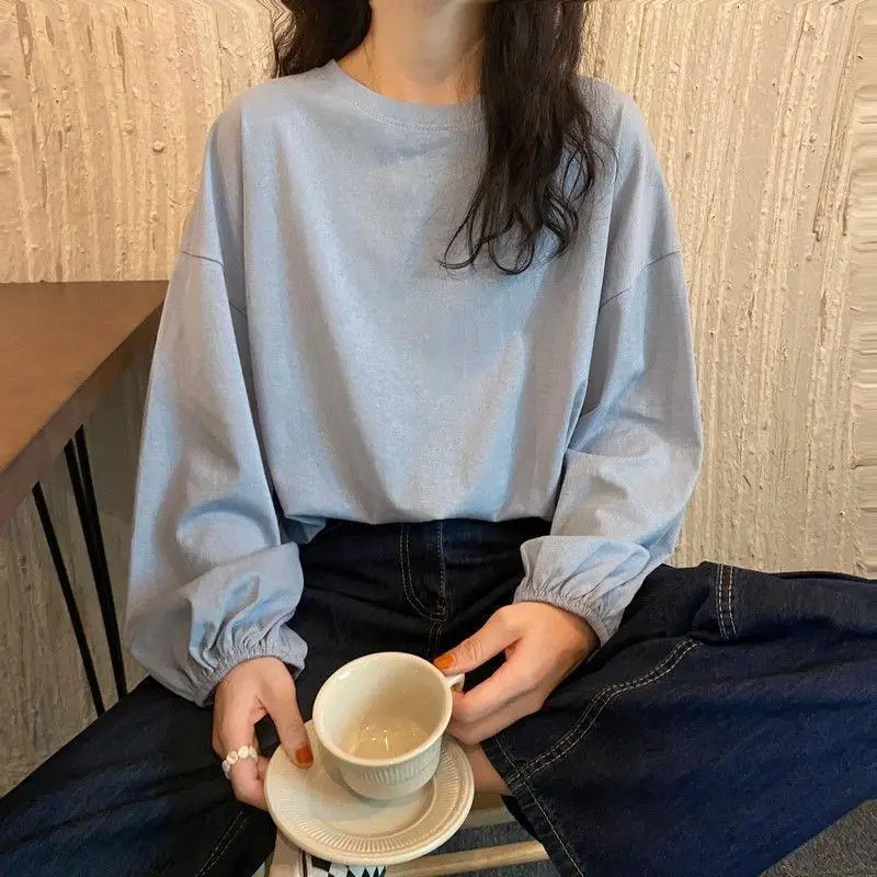 Women Loose Sleeve T-Shirt Coral Lantern Sleeve College Style - Image 3
