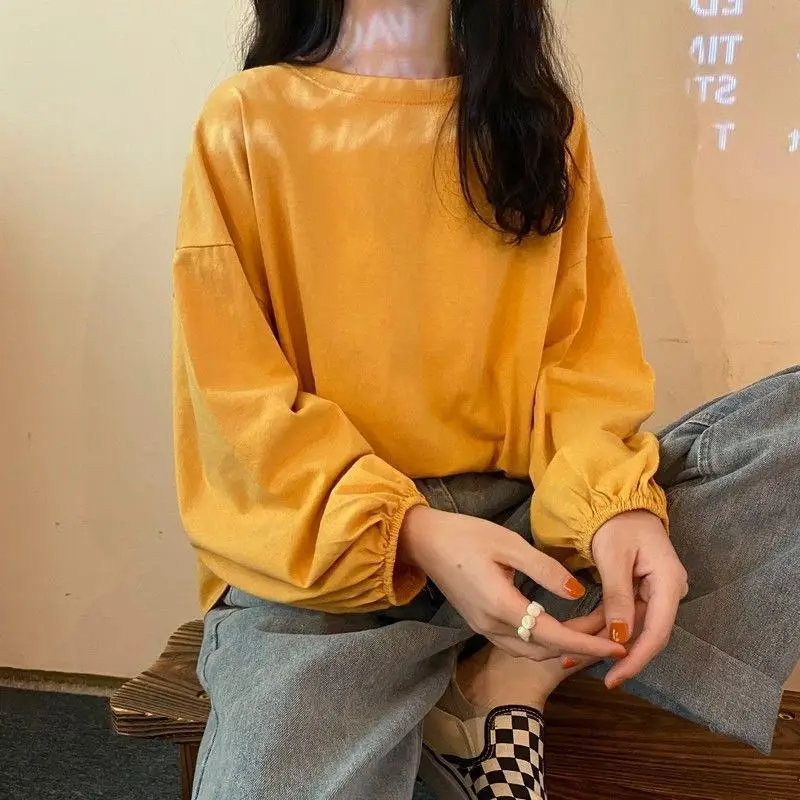 Women Loose Sleeve T-Shirt Coral Lantern Sleeve College Style - Image 4