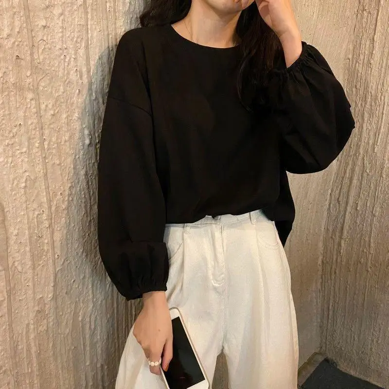 Women Loose Sleeve T-Shirt Coral Lantern Sleeve College Style - Image 5
