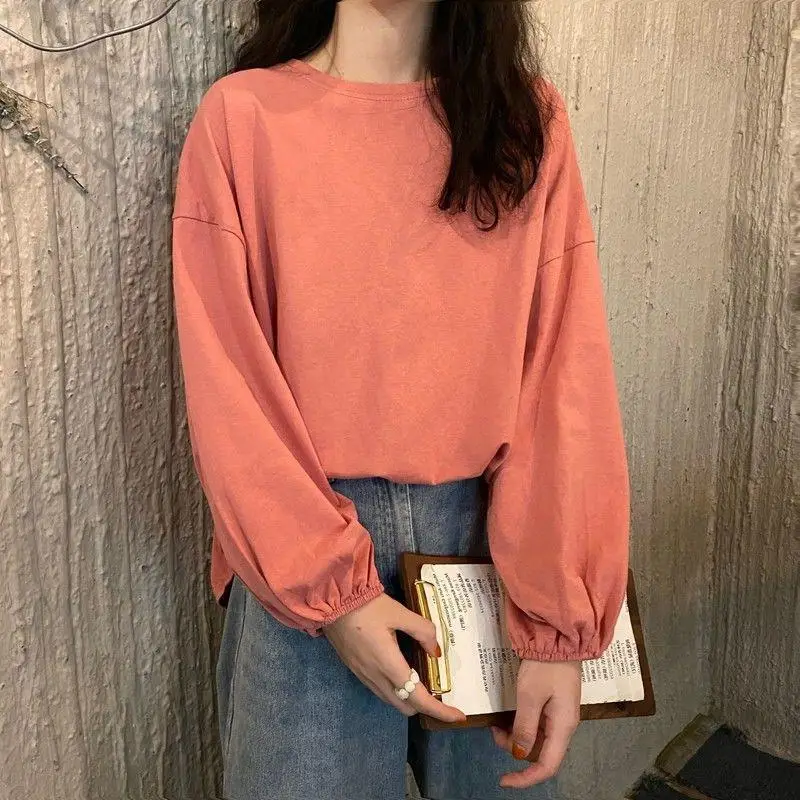 Women Loose Sleeve T-Shirt Coral Lantern Sleeve College Style - Image 6