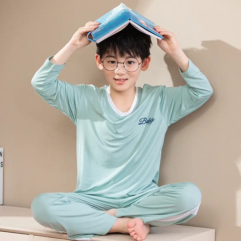 Children's Long Sleeve Ice Silk Pajamas Set Blue - Image 5