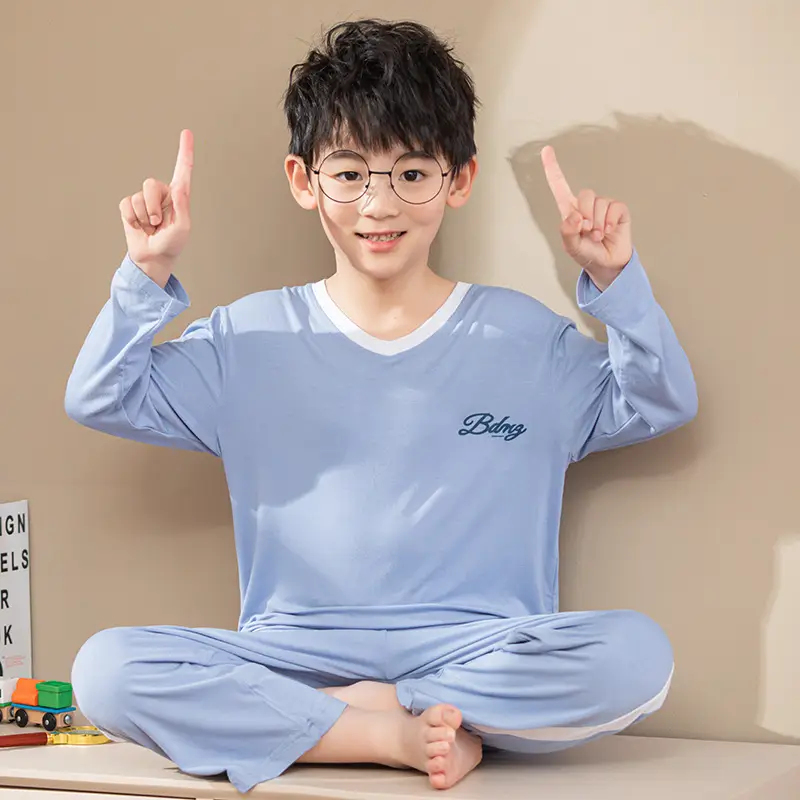 Children's Long Sleeve Ice Silk Pajamas Set Blue - Image 6