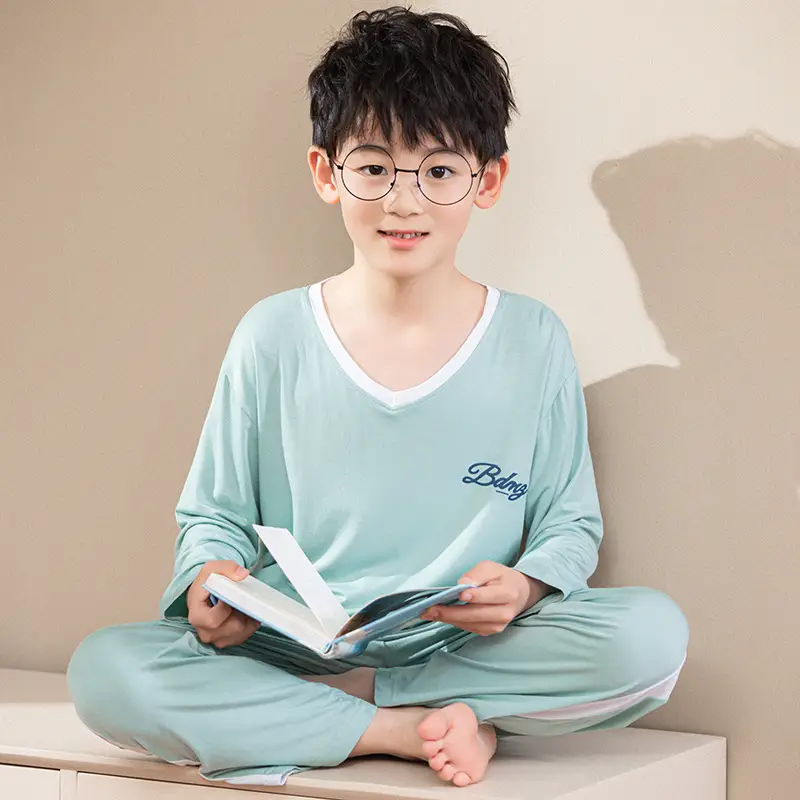 Children's Long Sleeve Ice Silk Pajamas Set Blue - Image 2