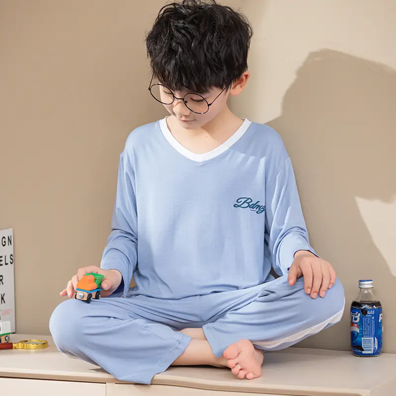 Children's Long Sleeve Ice Silk Pajamas Set Blue - Image 3
