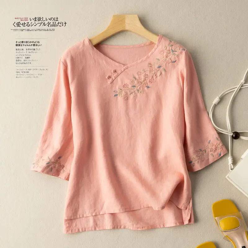 Women Embroidered Disc Button T-Shirt 2025 Cotton Linen - Image 2