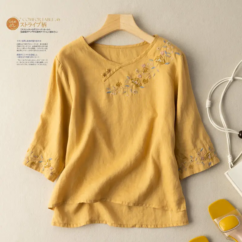 Women Embroidered Disc Button T-Shirt 2025 Cotton Linen - Image 3