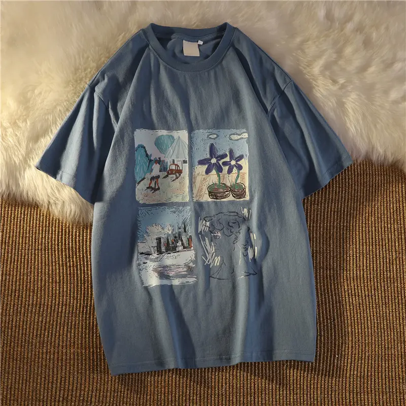 Women's 2022 Printed Pullover T-Shirt Blue Loose Fit — feature 3