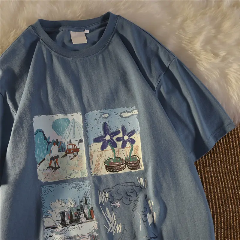 Women's 2022 Printed Pullover T-Shirt Blue Loose Fit - Image 3