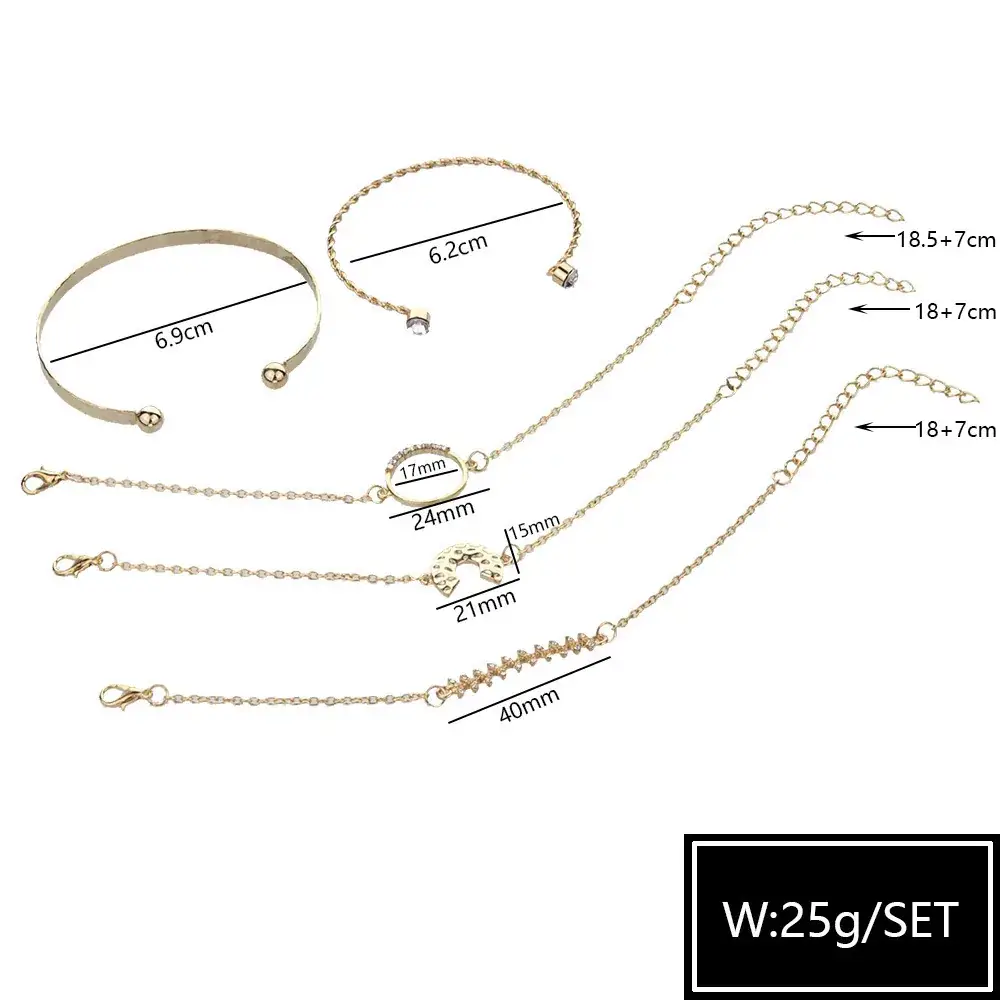 5-Piece Gold Moon Fishbone Diamond Bracelet Set - Image 3