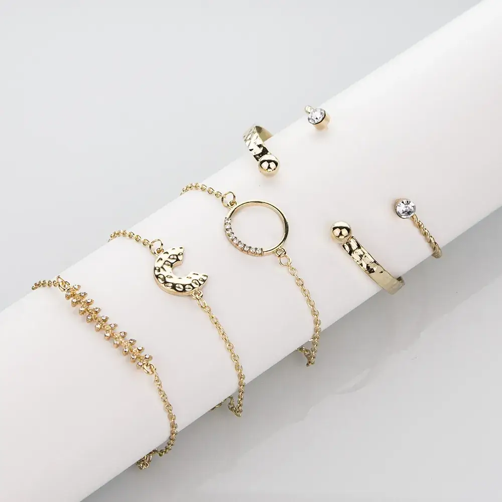 5-Piece Gold Moon Fishbone Diamond Bracelet Set - Image 4