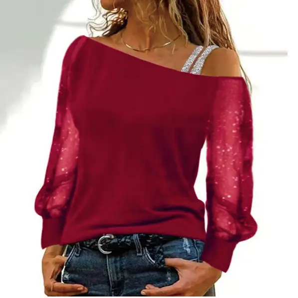 Maroon Mesh Oblique Collar Long Sleeve T-Shirt - Image 7