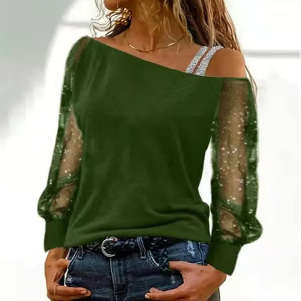 Maroon Mesh Oblique Collar Long Sleeve T-Shirt - Image 8
