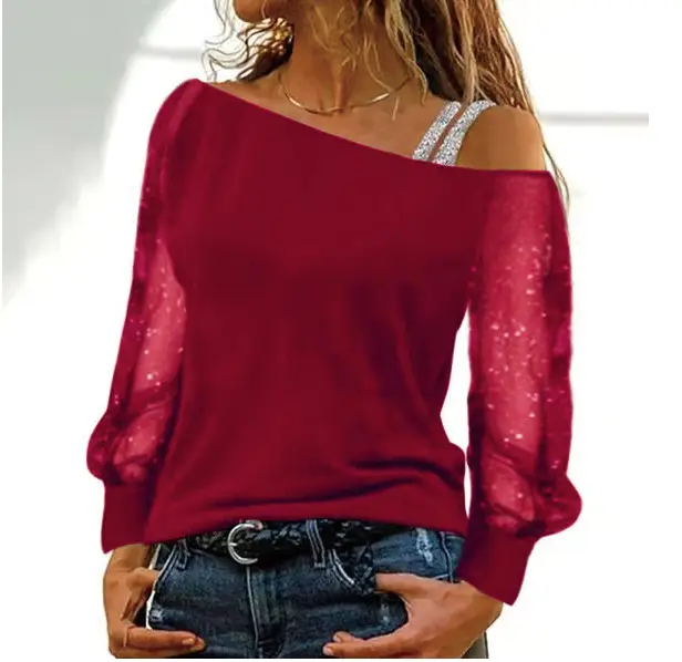 Maroon Mesh Oblique Collar Long Sleeve T-Shirt - Image 4