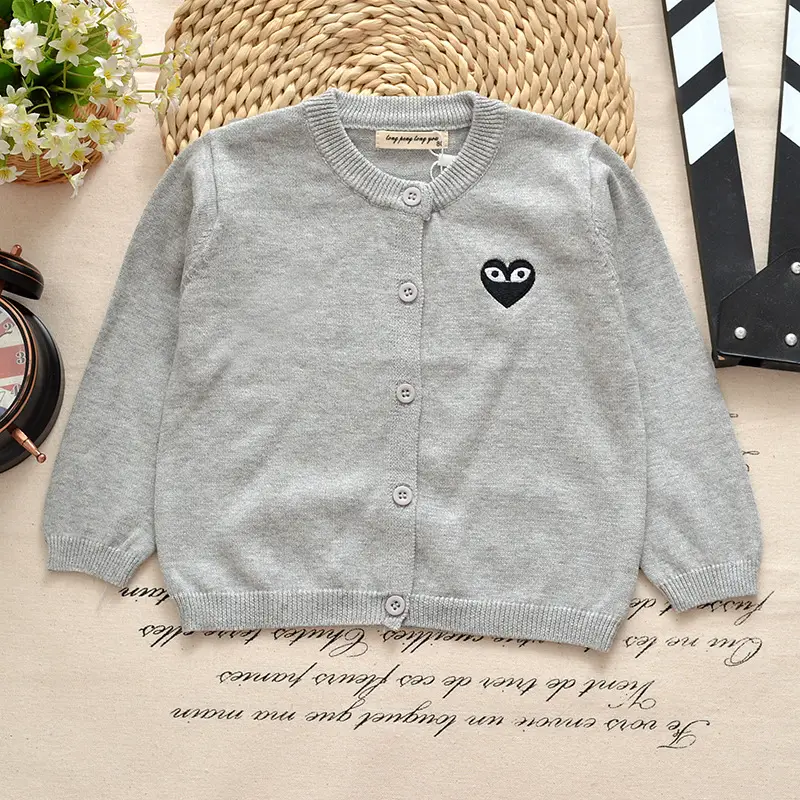 Men's Grey Cotton Cardigan with Embroidered Face Design