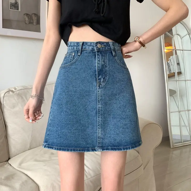 Black Slimming High Waist Denim Skirt for Women