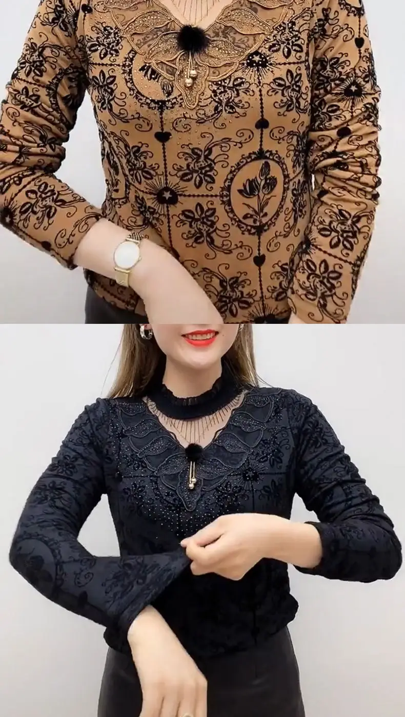 Women's Black Velvet Embroidered Winter Top with Orange Trim — feature 2