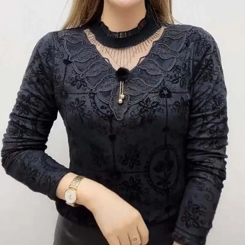 Women's Black Velvet Embroidered Winter Top with Orange Trim — feature 7