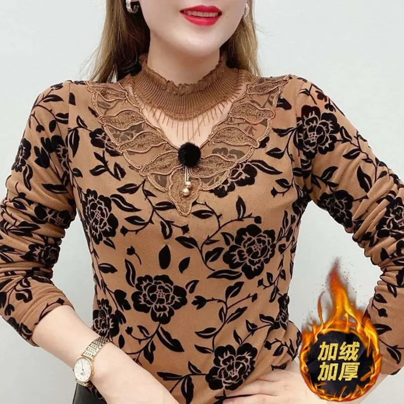 Women's Black Velvet Embroidered Winter Top with Orange Trim — feature 8