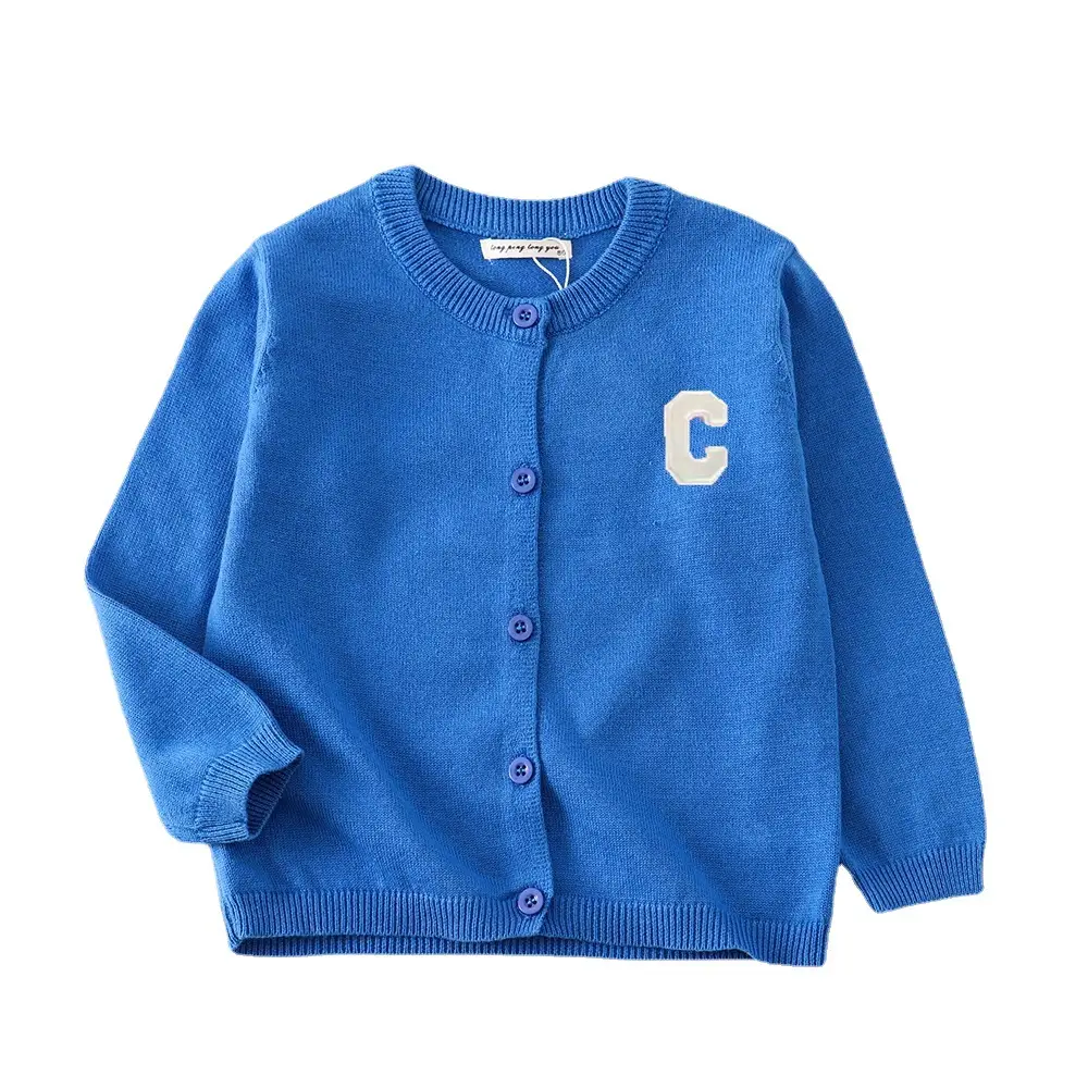 Light Blue C-Embroidered Cotton Cardigan for Boys Girls Medium - Image 13