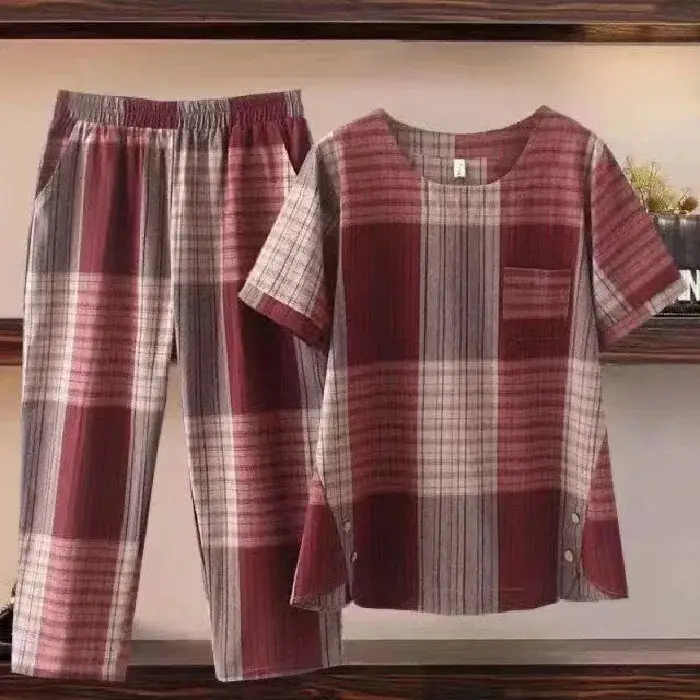Women Plaid 2-Piece Set Large Size Casual Pants - Image 6