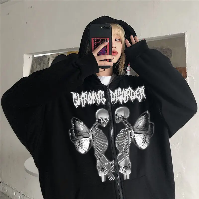 Women Skull Wings Hoodie Black Velvet Zipper
