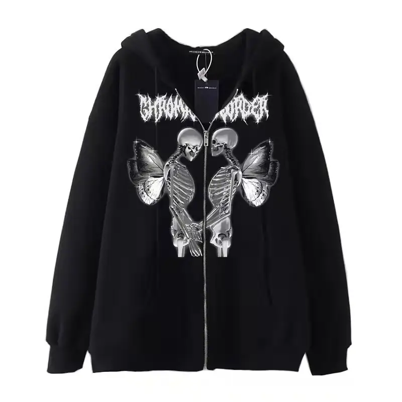 Women Skull Wings Hoodie Black Velvet Zipper