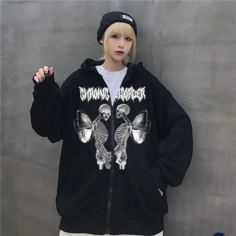 Women Skull Wings Hoodie Black Velvet Zipper