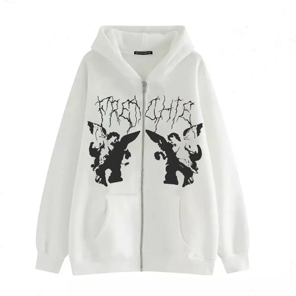 Women Skull Wings Hoodie Black Velvet Zipper