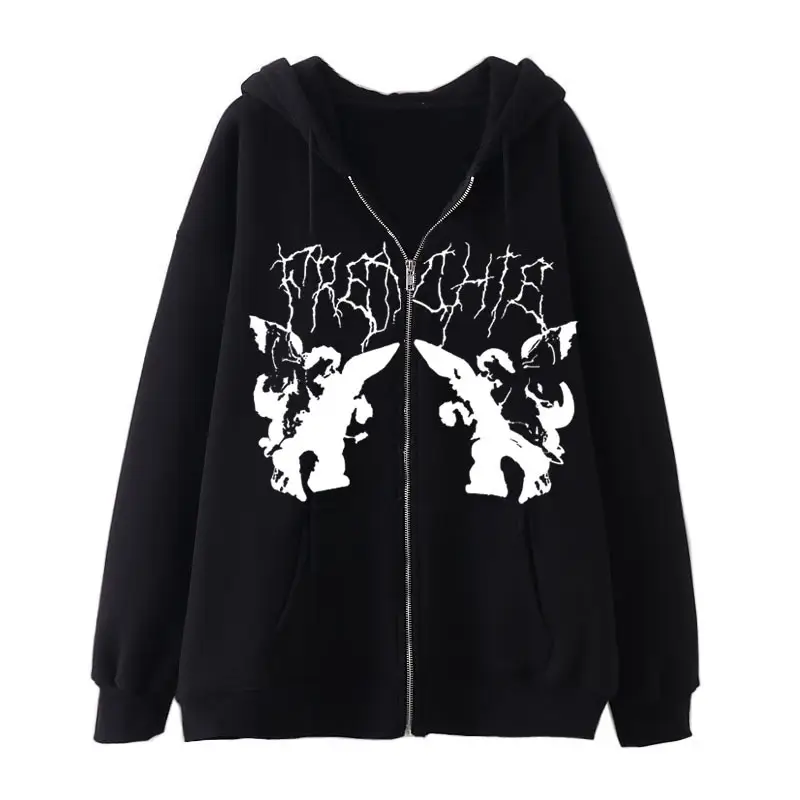 Women Skull Wings Hoodie Black Velvet Zipper